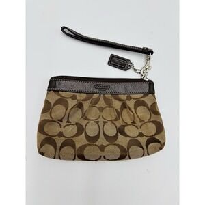 Coach Signature C Canvas Wristlet Brown Khaki Small Zip Pouch Clutch Wallet